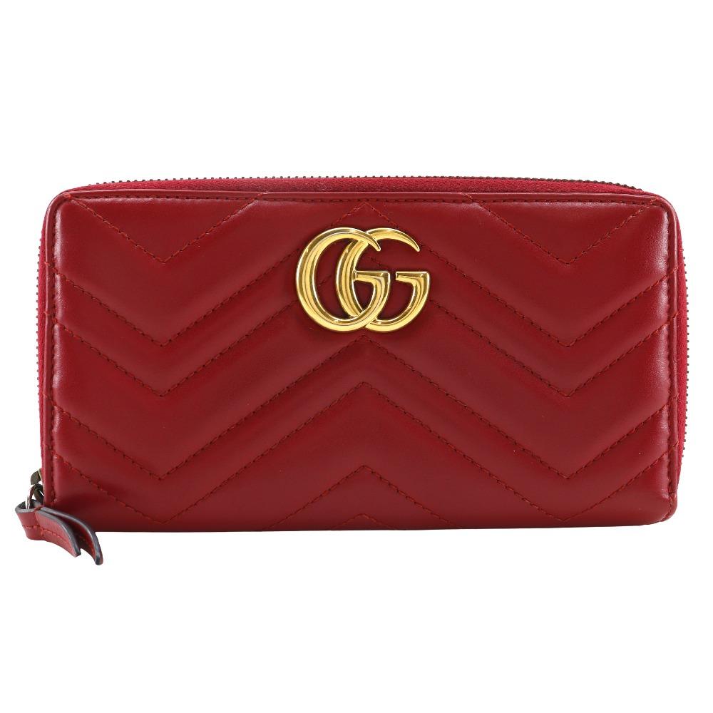 

GUCCI Double G zip around wallet Purse 443123 GG Marmon Chevron quilting Red leather Women Used
