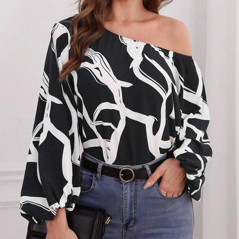 

Осень 2023, модная блузка с принтом, сексуальные топы с разрезным вырезом, повседневная свободная рубашка с длинными рукавами-фонариками, женская одежда Blusas 29696 S чёрный