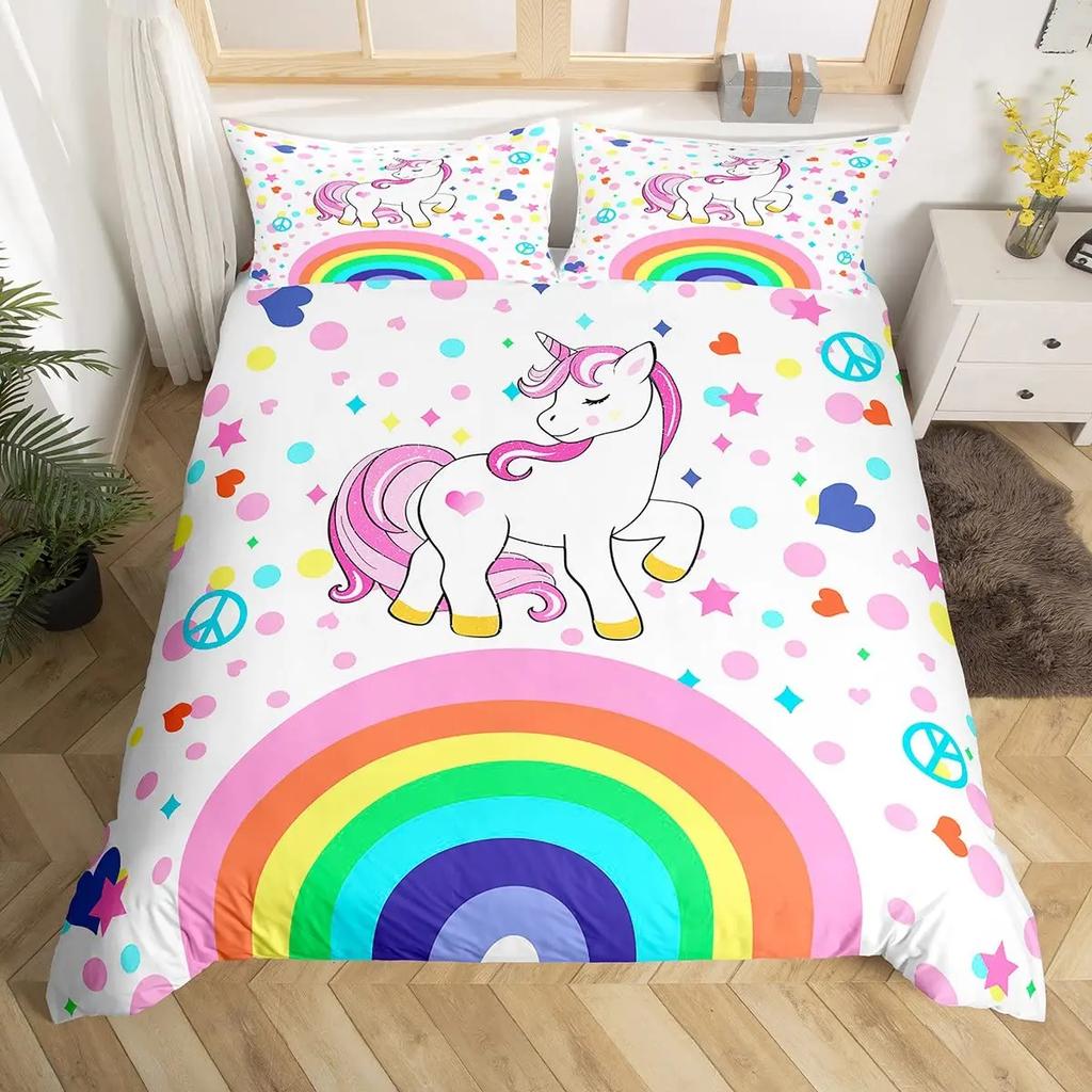 Unicorn Bedding Set Full QueenCartoon Rainbow Animal Comforter Cover Kids Girls Glitter Unicorn Duvet Cover Kawaii Quilt Cover