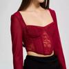 Women S Lace Mesh Panel Long Sleeve Square Neck Slim Fit Crop Top Vest