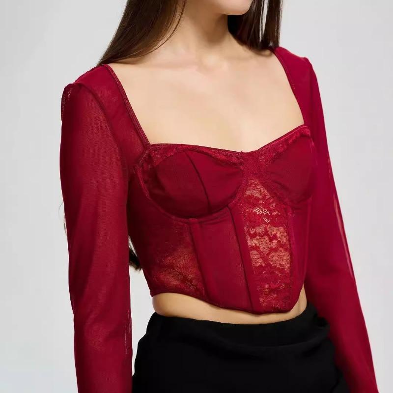 Women S Lace Mesh Panel Long Sleeve Square Neck Slim Fit Crop Top Vest