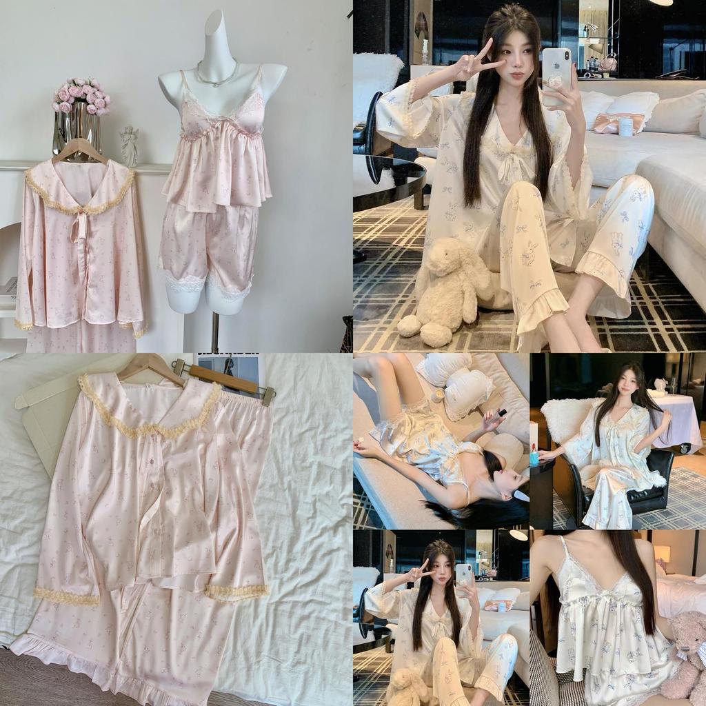 Ice Snow Silk Bunny Collar Pajamas Set With Lace Trim For Girls Home Wear