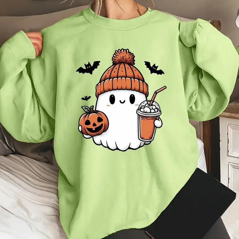 Fall Autumn Women'S Fashion O Neck Long Sleeve T-Shirt Loose Clothes Bat Pumpkin Print T Shirt For Girls Street