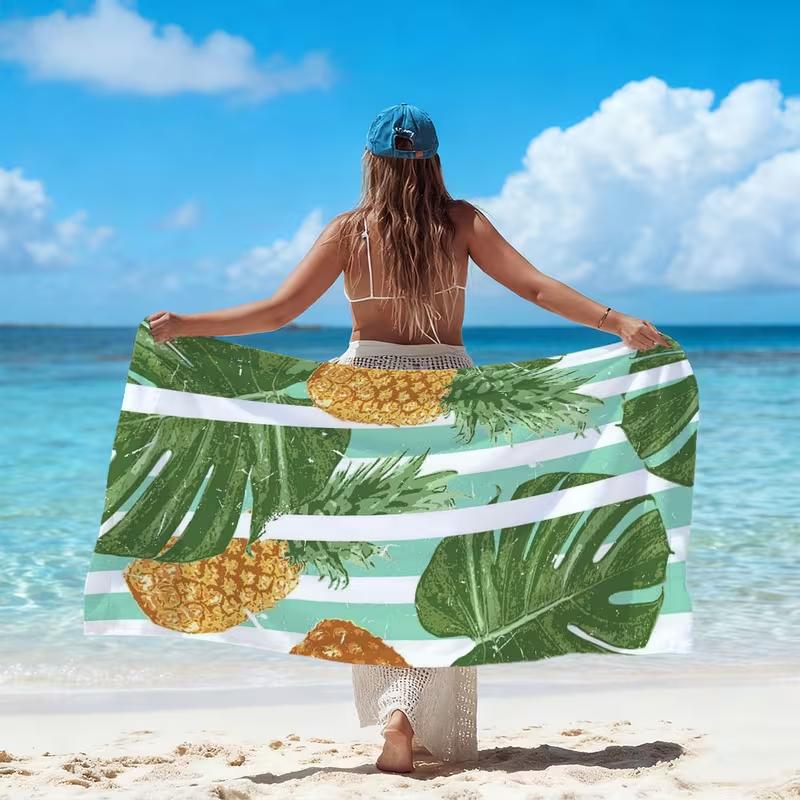Tropical Pineapple Monstera Leaf Print Beach Towel Green Striped Summer Fruit Pattern Quick Dry Soft Absorbent Towel for Summer