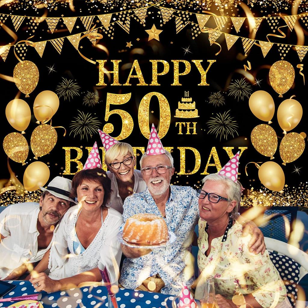50th Birthday Decorations for Men Women - Happy 50th Birthday Banner Party Decorations Black Gold 50 Years Birthday Party Suppiles Background for