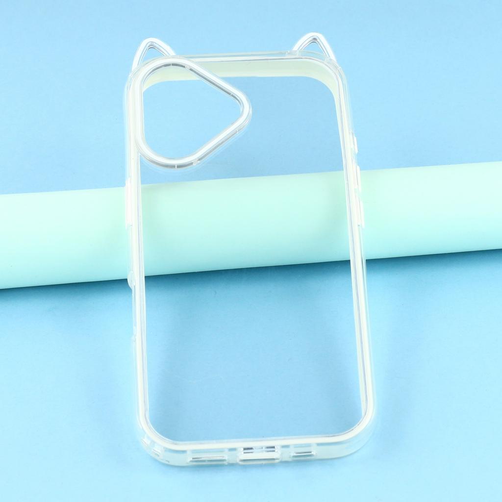 For iPhone 16 Plus Case Cat Ear Design TPU + Acrylic Clear Phone Back Cover
