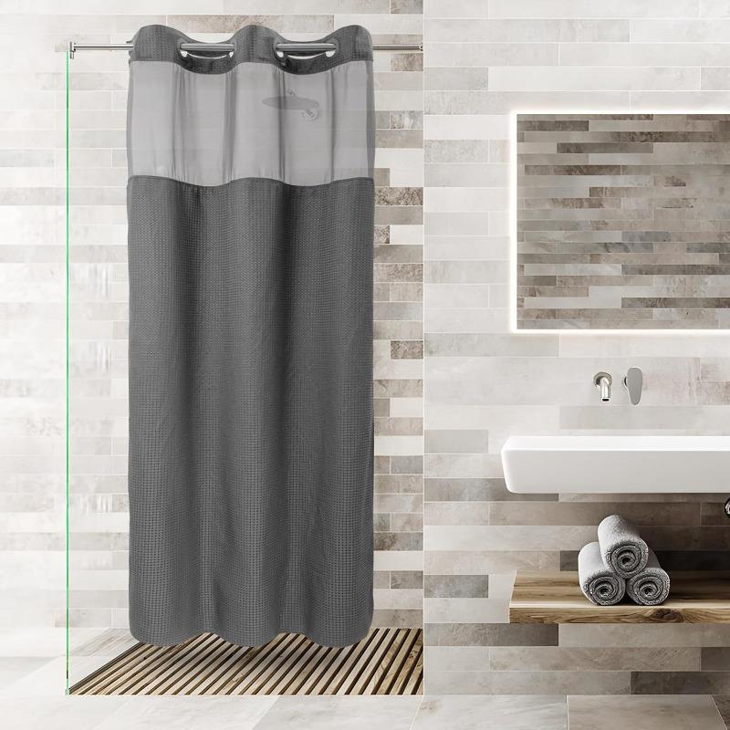 No Hooks Required Dotted Waffle Weave Shower Curtain with Snap In Liner - 71W X 74H,Hotel Grade,Spa Like Bath Curtain,Gray