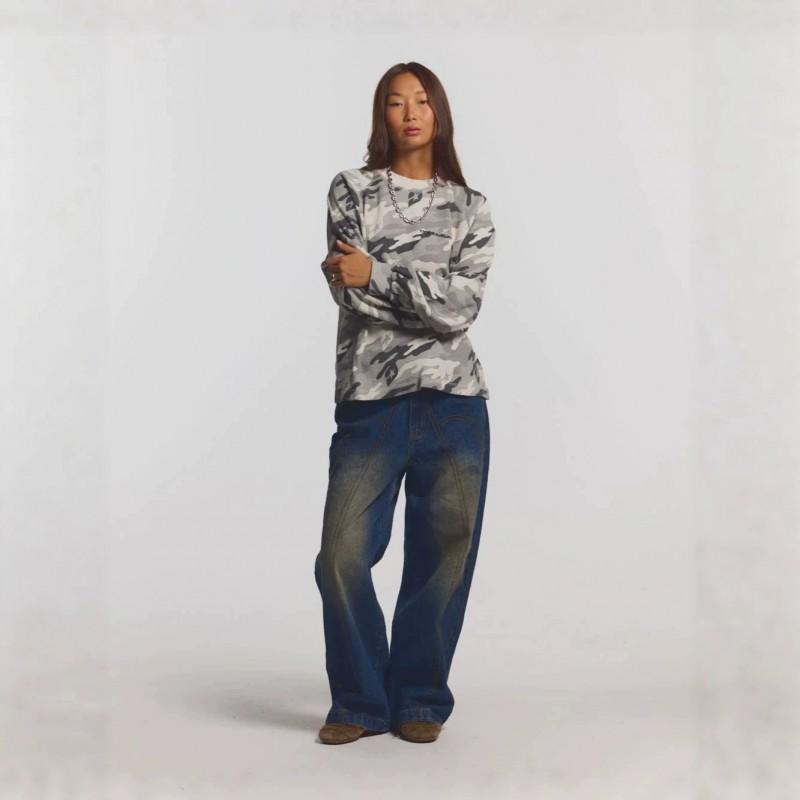 Womens Vintage Camo Sweatshirt Waffle Knit Long Sleeve T-Shirt Star Letter Print Crew Neck Loose Fit Streetwear