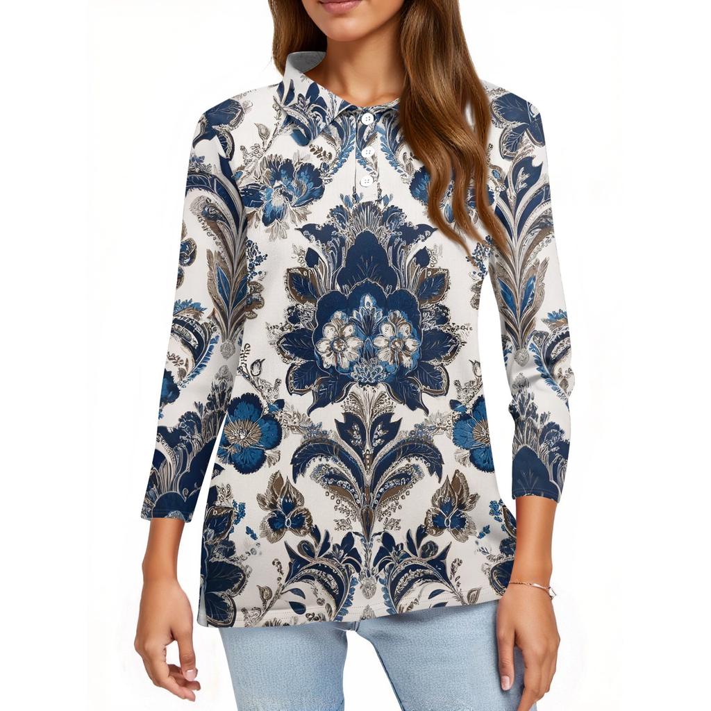 Women's Fashion Casual Lapel Short 3/4 Sleeve Print Shirt Women's Button Up Tops