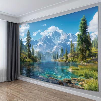 2D Party Backdrop Nature Landscape Tapestry, Serene Mountain Lake and Forest Scene