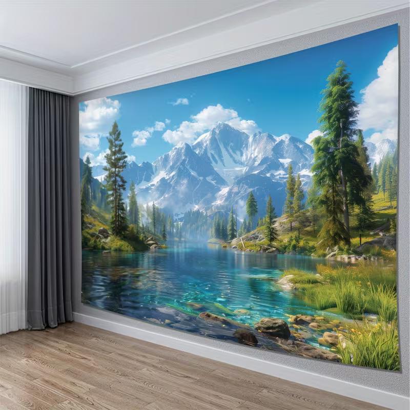 2D Party Backdrop Nature Landscape Tapestry, Serene Mountain Lake and Forest Scene 47.2x31.5inch/120*80cm