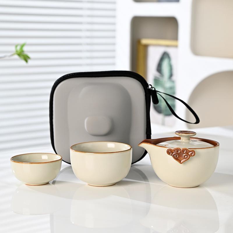 Palace Style Travel Tea Set, One Pot and Two Cups, Outdoor Portable Set, the Whole Set of Ru Kiln Kuaike Cup, Teapot, Teacup Gift.