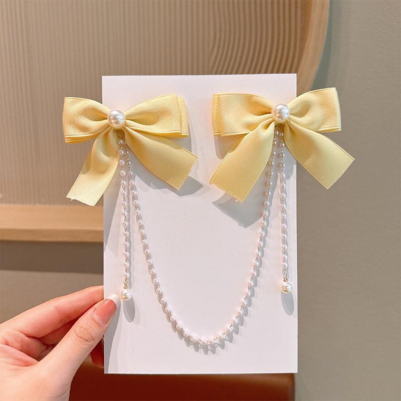 Pearl Bow Tassel Hair Clip Elegant Solid Color Hair Claw Children Princess Hairpins  Beauty Hair Accessories