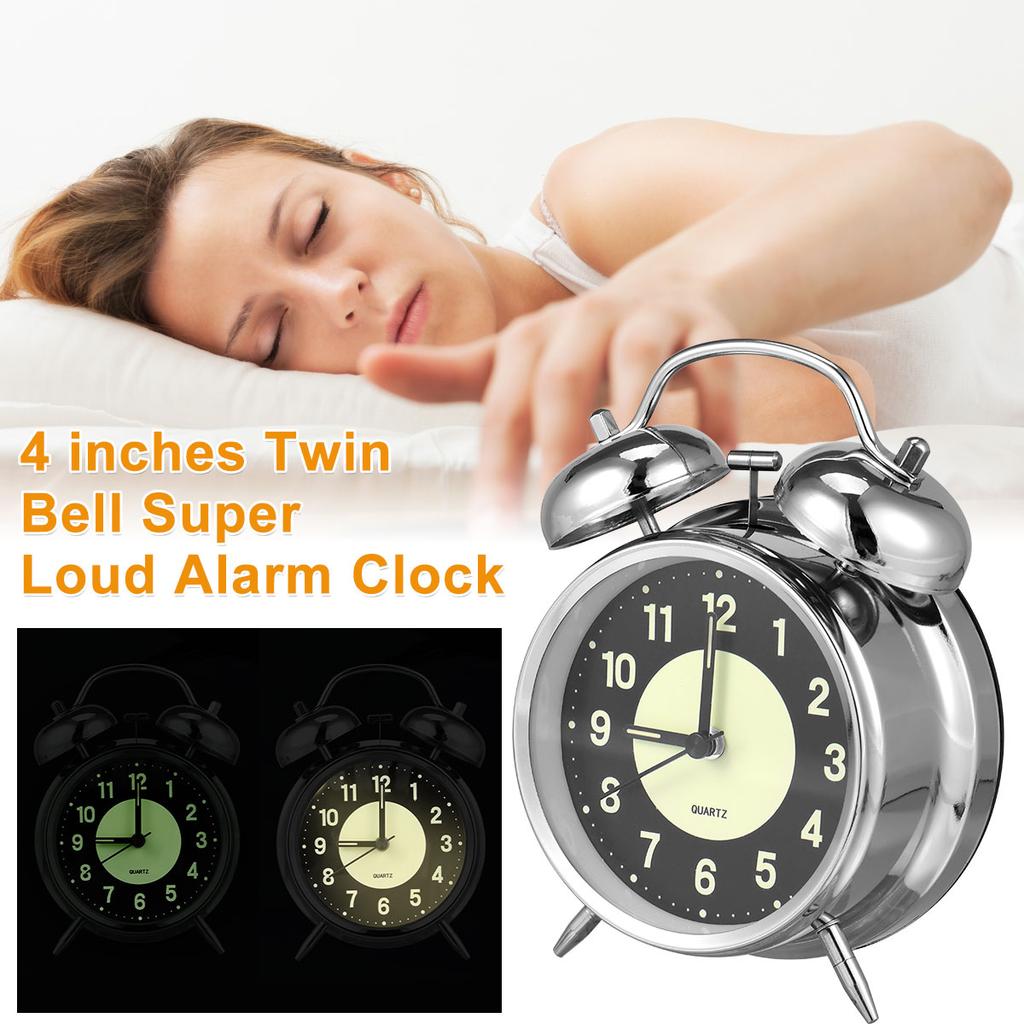 4 Inch Metal Twin Bell Alarm Clock Super Loud Alarm Clock with Night Light Retro Bedside Clock Silent Table Desk Alarms Clocks