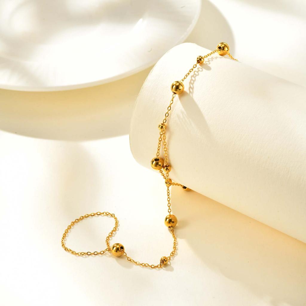 Stainless Steel Beaded Finger Chain Bracelet,Gold Color Flat Rolo Chain Bracelets for Women,Minimalist Jewelry Gift