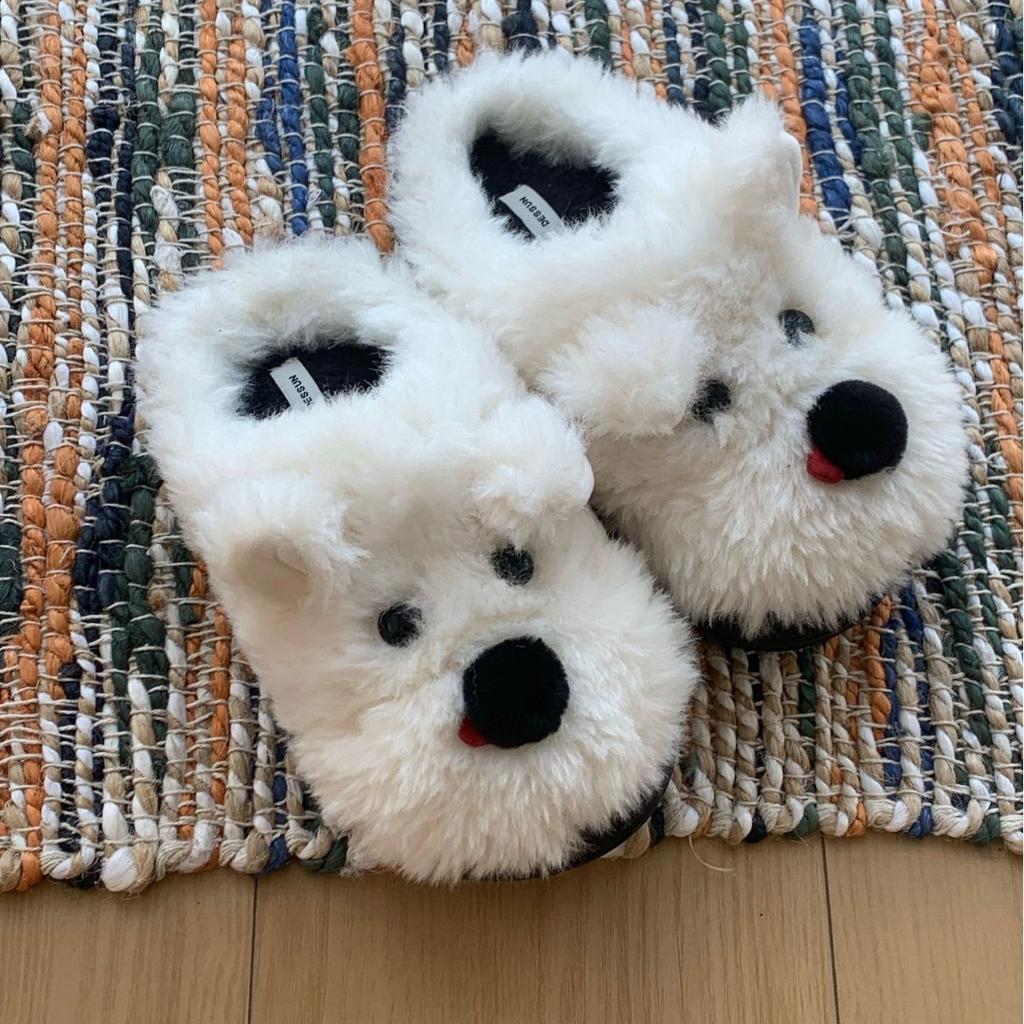 Fashion Winter Womens Cotton Slippers Cartoon Dog Couple Non-Slip Warm Indoor Home Slippers Plush Fluffy Comfortable Floor Slippers