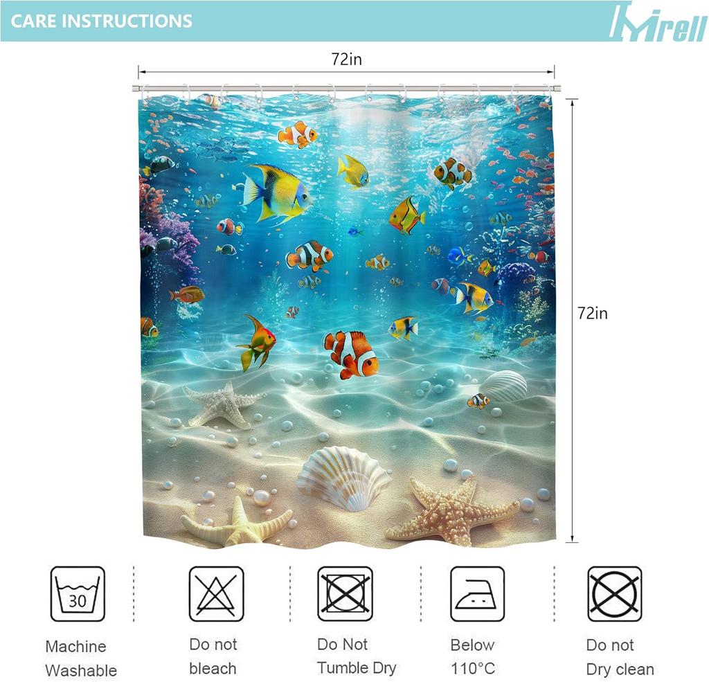 Blue Ocean Shower Curtain With Underwater Scene, Starfish Shells Fish Corals And Pearls Coastal Theme Bathroom Set