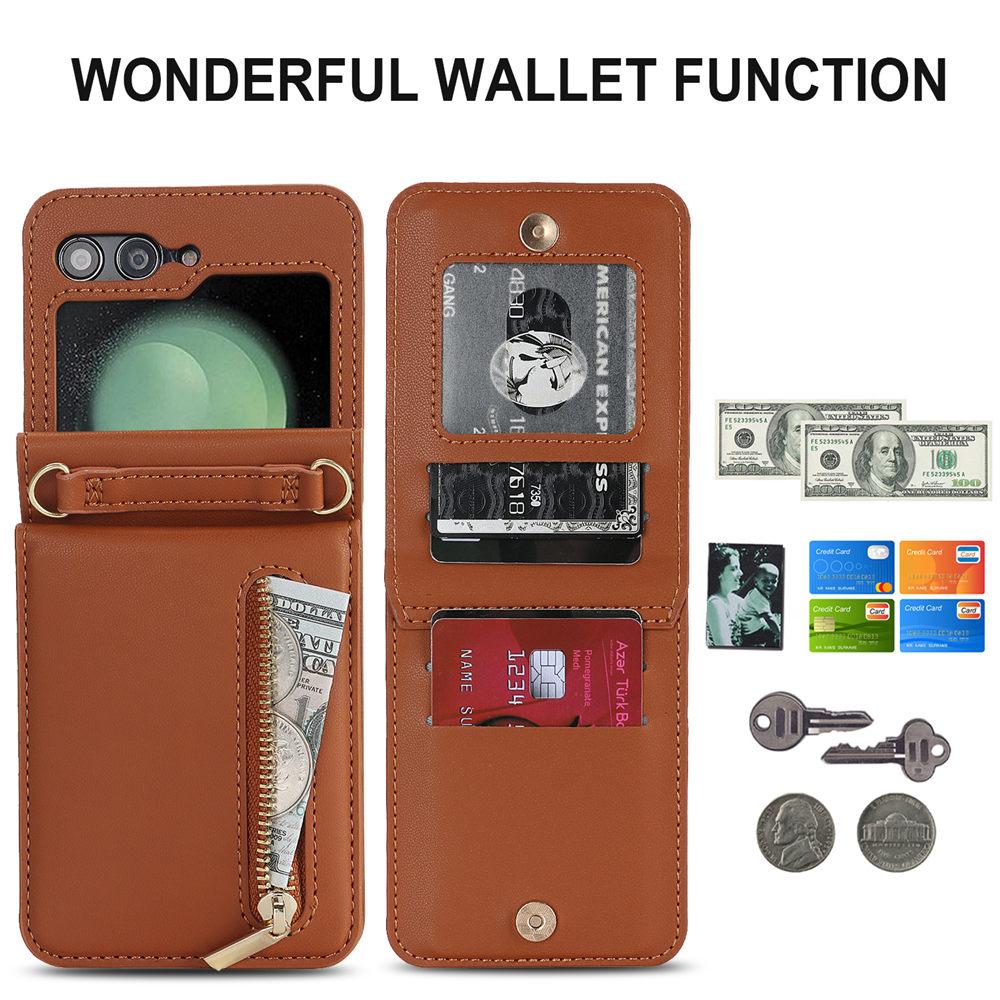 Zipper Lanyard Cards Leather Phone Case For Samsung Galaxy Z Flip 6 5 4 3 Flip5 Flip4 Wallet Stand Cover