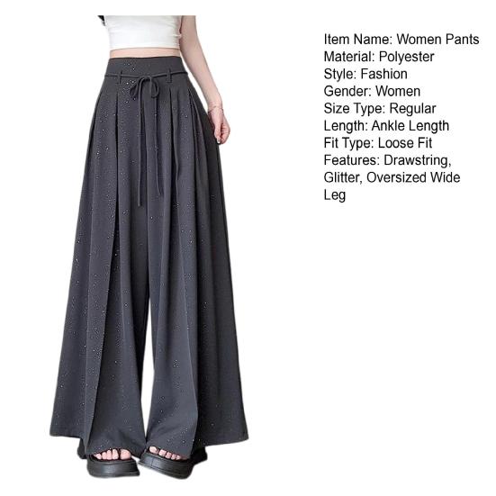 Damen Hose Hohe Taille Verstellbarer Kordelzug Oversized Weites Bein Hosen Einfarbige Glitzer Design Freizeithose