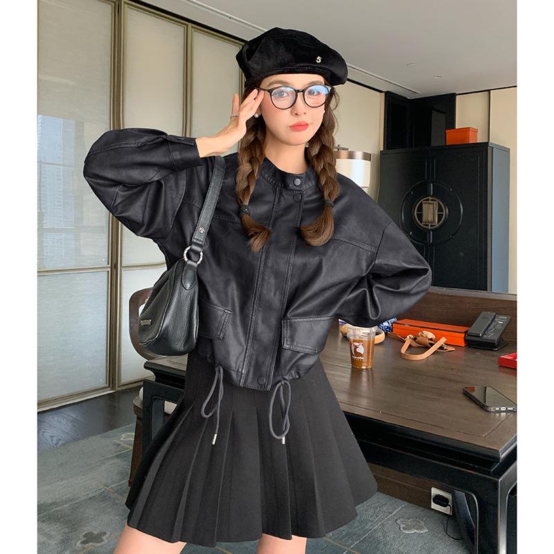 American Retro Casual PU Leather Drawstring Jacket - Autumn 2024, Small Size, Loose Fit, Age-Reducing Design