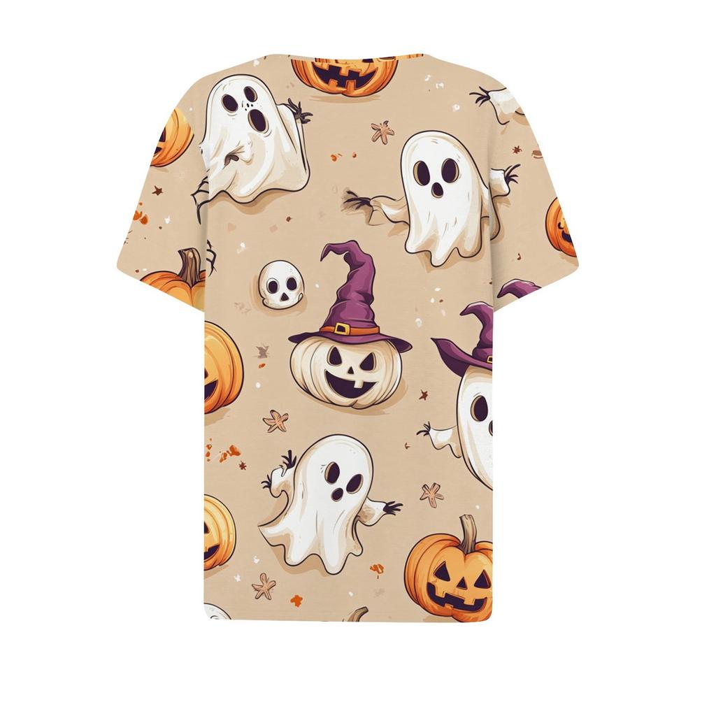 Women's T Shirt Tee Halloween Printed Button Short Sleeve Tunic Daily Weekend Fashion Basic V- Neck Regular Top