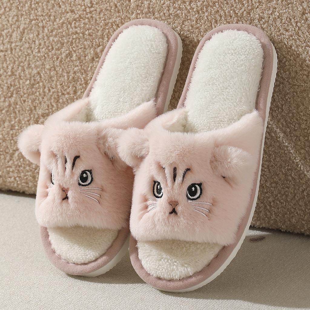 Cute Cartoon Cat Home Slippers for Women Open Toe Non Slip Wave Sole Faux Fur Slides Woman Autumn Winter Plush Indoor Slippers