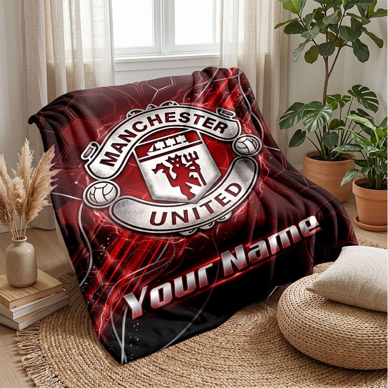 Coperta in Flanella Personalizzata con Nome Testo Manchester United Logo Calcio Plaid in Pile Personalizzato Regalo Speciale per Divano Camera da Letto Casa