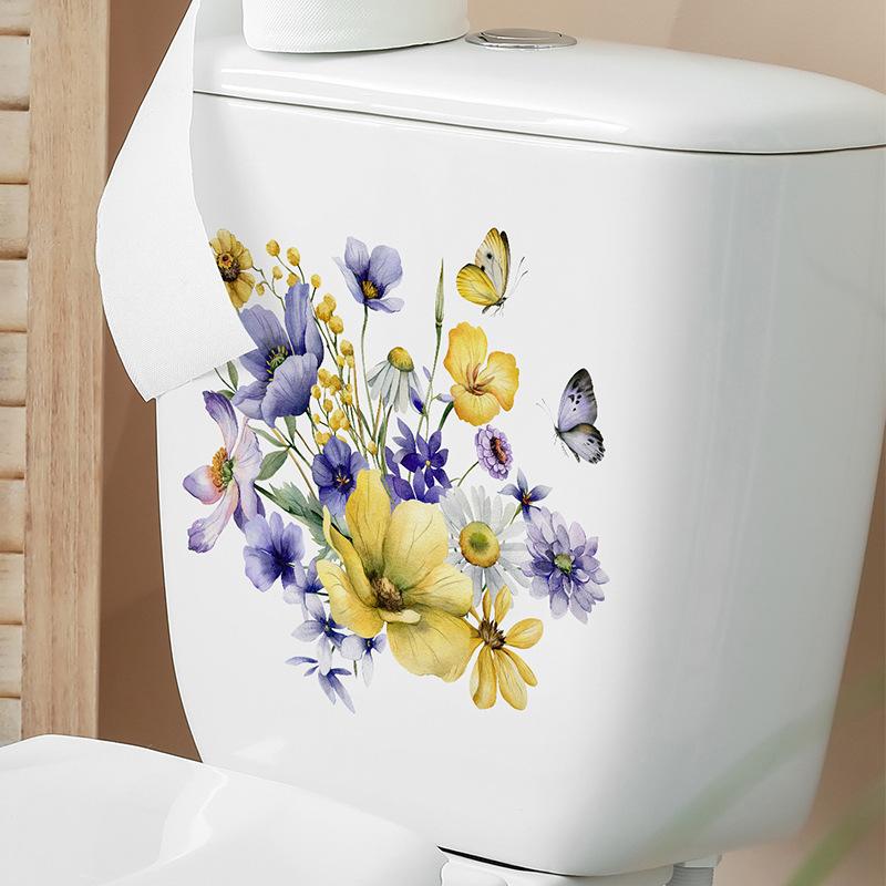 Tropical Green Plants, Flowers and Butterflies Toilet Seat Sticker Bathroom Decor Removable Waterproof Decal