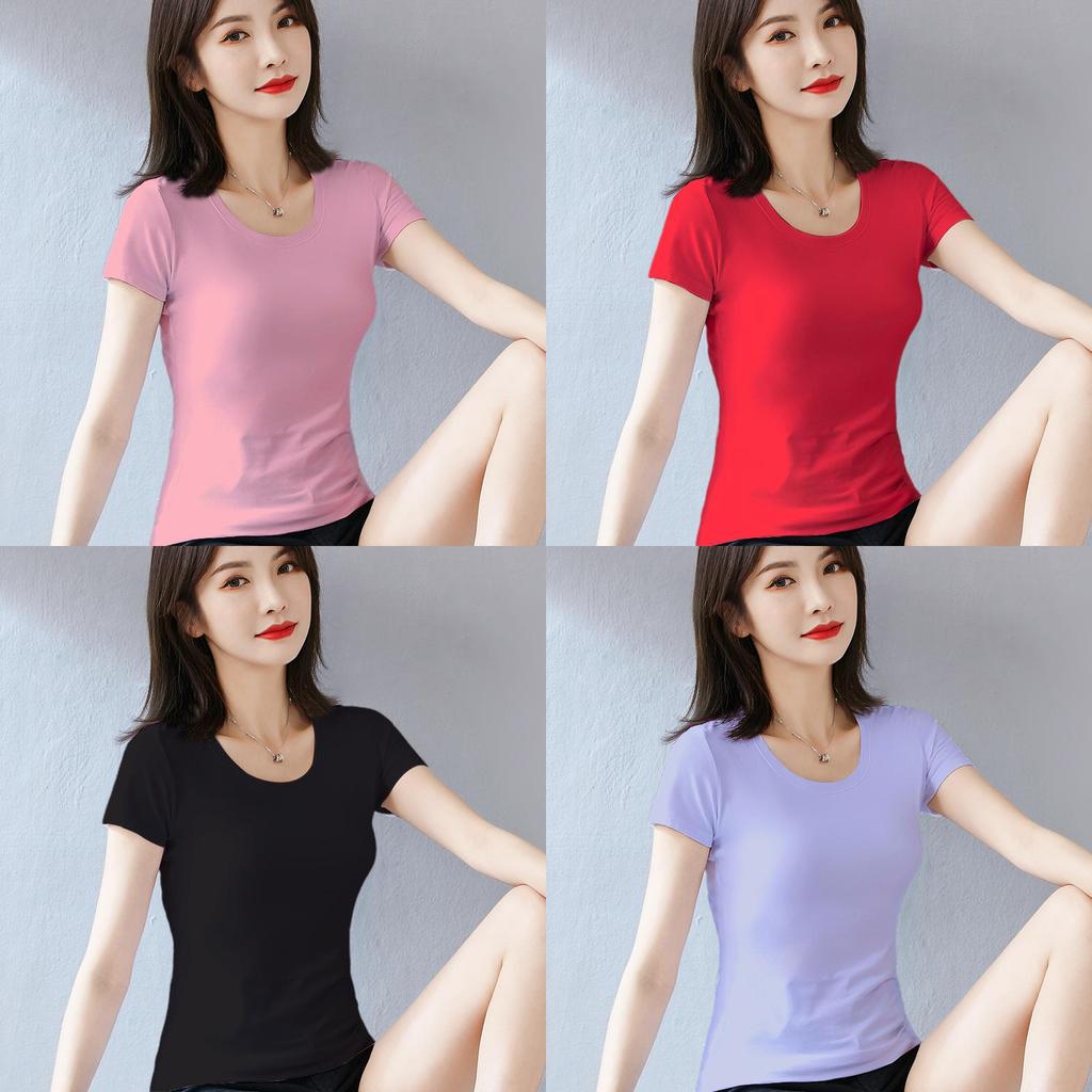 Camiseta para Mujer Casual de Manga Corta de Algodón con Empalme para Primavera