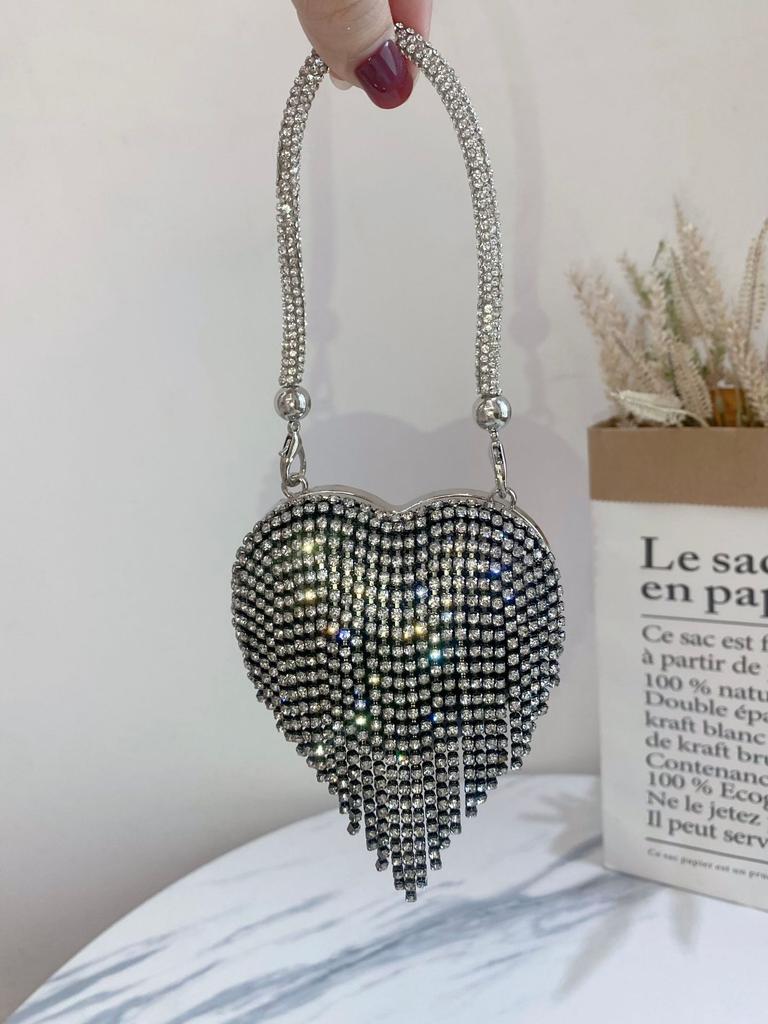 Small Heart-Shaped Rhinestones Evening Bag with Chain for Women Handbag Rhinestones Clutch Purse Crossbody Shoulder Bags