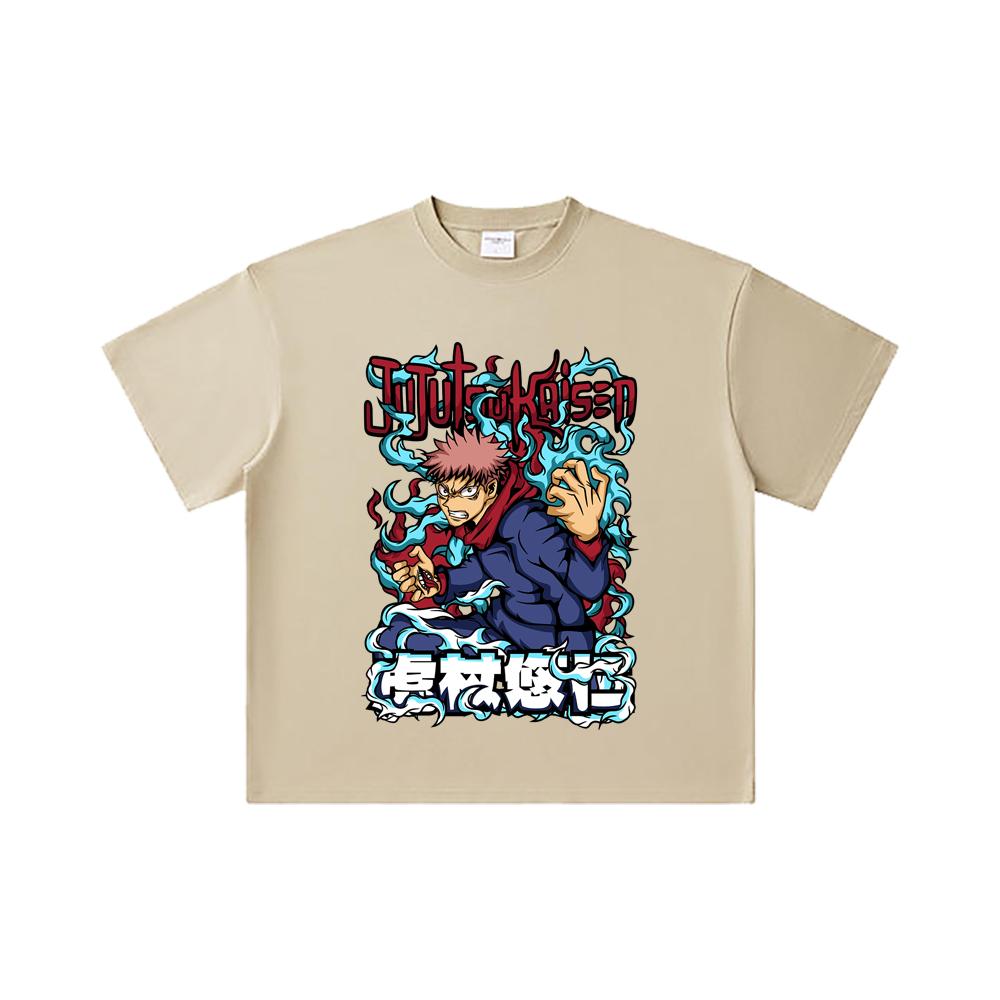 260 GSM Double Yarn 32 Count 100% Cotton Jujutsu Kaisen V50 Yuji Print Unisex Heavy Cotton T Shirt