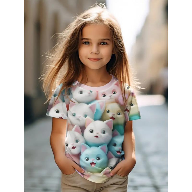 Buntes Katzenmädchen T-Shirt Niedliche Muster Sommer Kurzarm 3D Druck Mädchen Oberteil Mode Lässig Streetwear Kinderkleidung