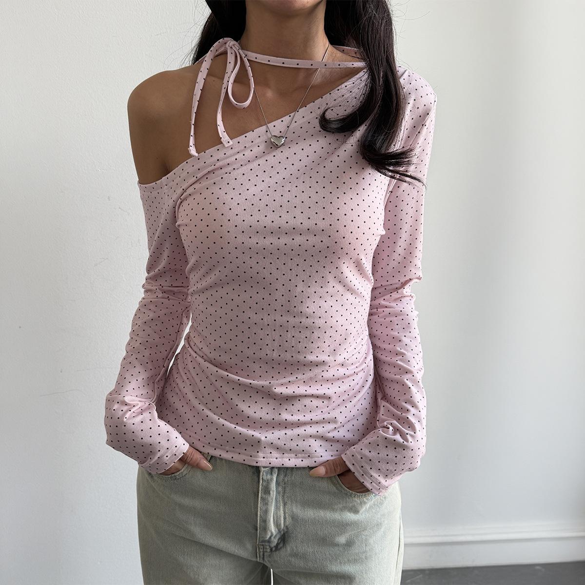 2026 Spring New Asymmetrical Shoulder Polka Dot Sweet Long Sleeve T-Shirt Women s Casual Top S розовый