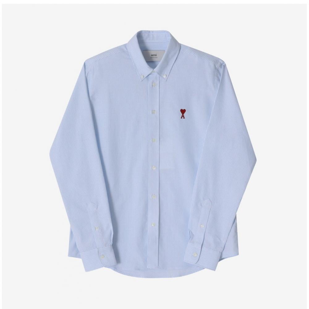 Ami Ami Dequeue Small Heart Logo Stripe Oxford Shirt Bfush063 Co0087 475