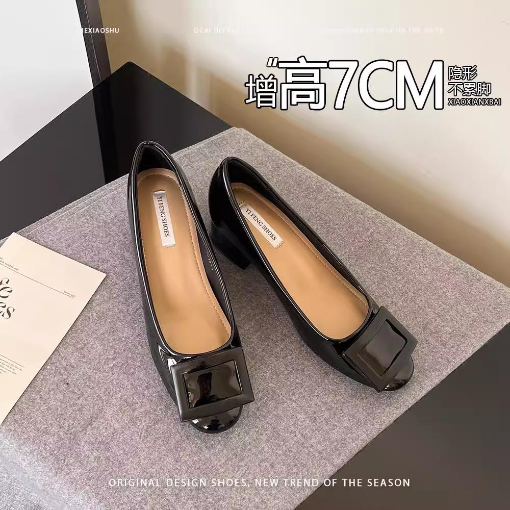 Schafsleder-Version~ Unsichtbare innere Höhenerhöhung eckige Schnalle High Heels Damen flacher Ausschnitt Slipper runde Zehenpartie reiner Wunsch Pendelschuhe