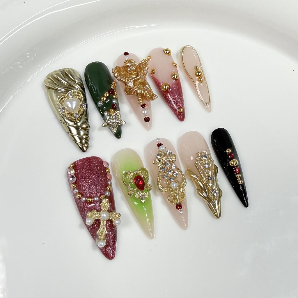 10 Pcs Retro Handmade Long Stiletto Press On Nails With 3D Decorations Reusable Stick On False Nails