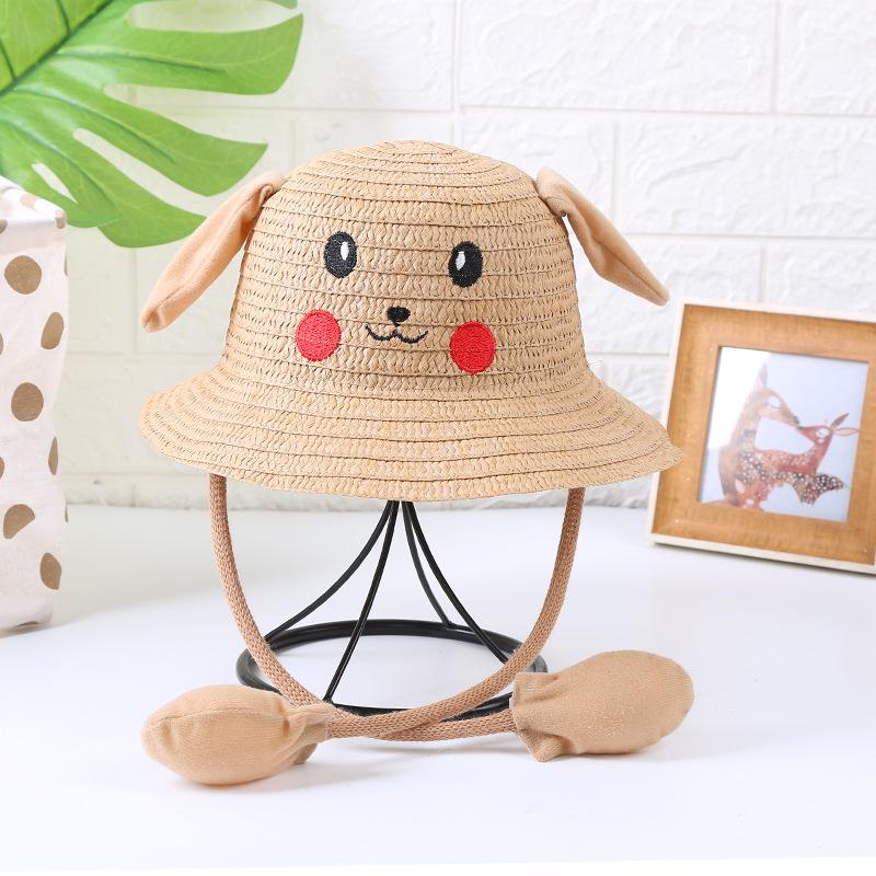 Children'S Straw Hat Summer Sun Protection Sun Hat Cute Pikachu Ears Can Move Rabbit Hat Outdoor Tourist Attractions