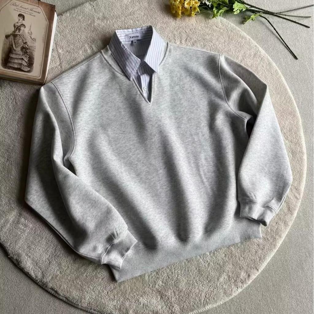 Premium Academia-Style Men's Long-Sleeve Hoodie Shirt - Faux Two-Piece Polo Collar for Autumn/Winter