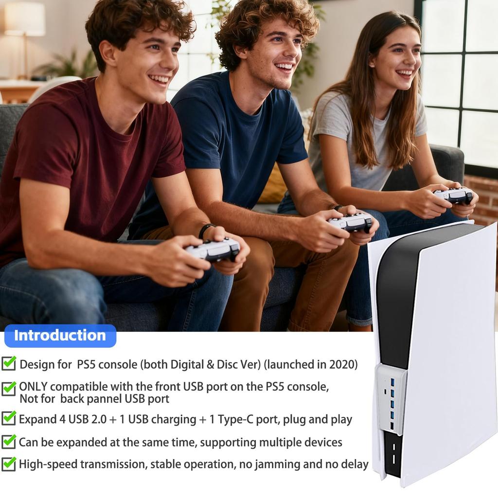 Megadream USB Hub for 4 USB Ports 1 USB Charging Port 1 Compatible with PlayStation 5 High-Speed PS5, 2.0 + + Type-C 3.1 Port, High-Speed