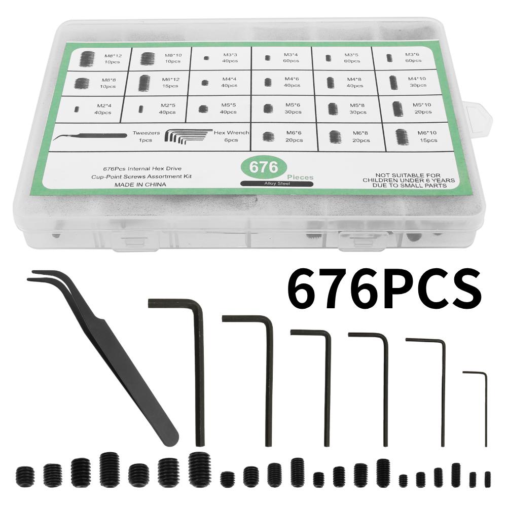 

Набор из 676 штук Набор ассорти винтов с внутренним шестигранником M2 M3 M4 M5 M6 M8 из углеродистой стали Комплект установочных винтов с 6 шестигранными ключами для дверной ручки, держателя смесителя
