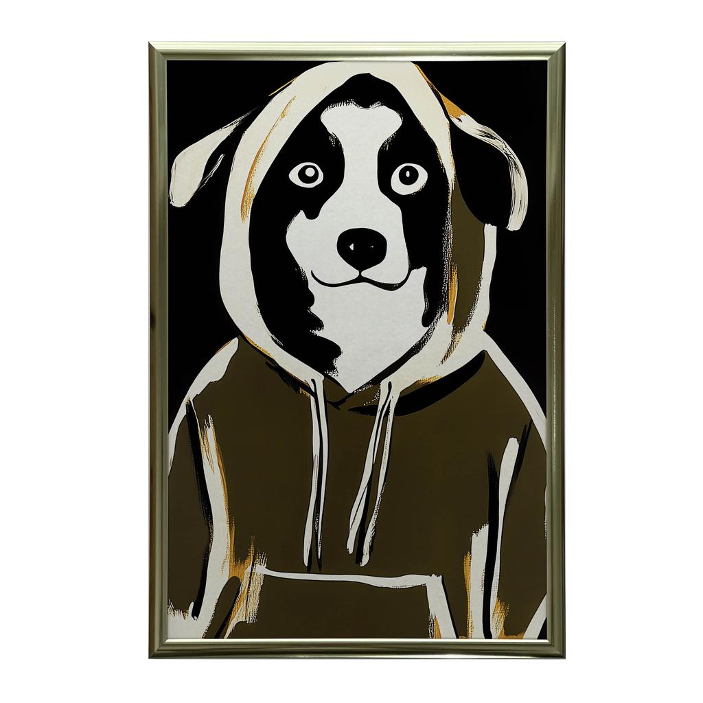Poster Cute Dog In a Sweatshirt Poster Cute Dog In a Sweatshirt, 30X40 Cm, Dark Brown Wooden Frame, 230 Gsm Matte Paper
