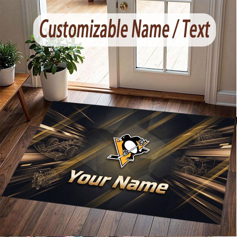 Custom Rug Pittsburgh Penguins Pattern Print Name Text Soft Non‑Slip Floor Carpet for Home Indoor Decoration