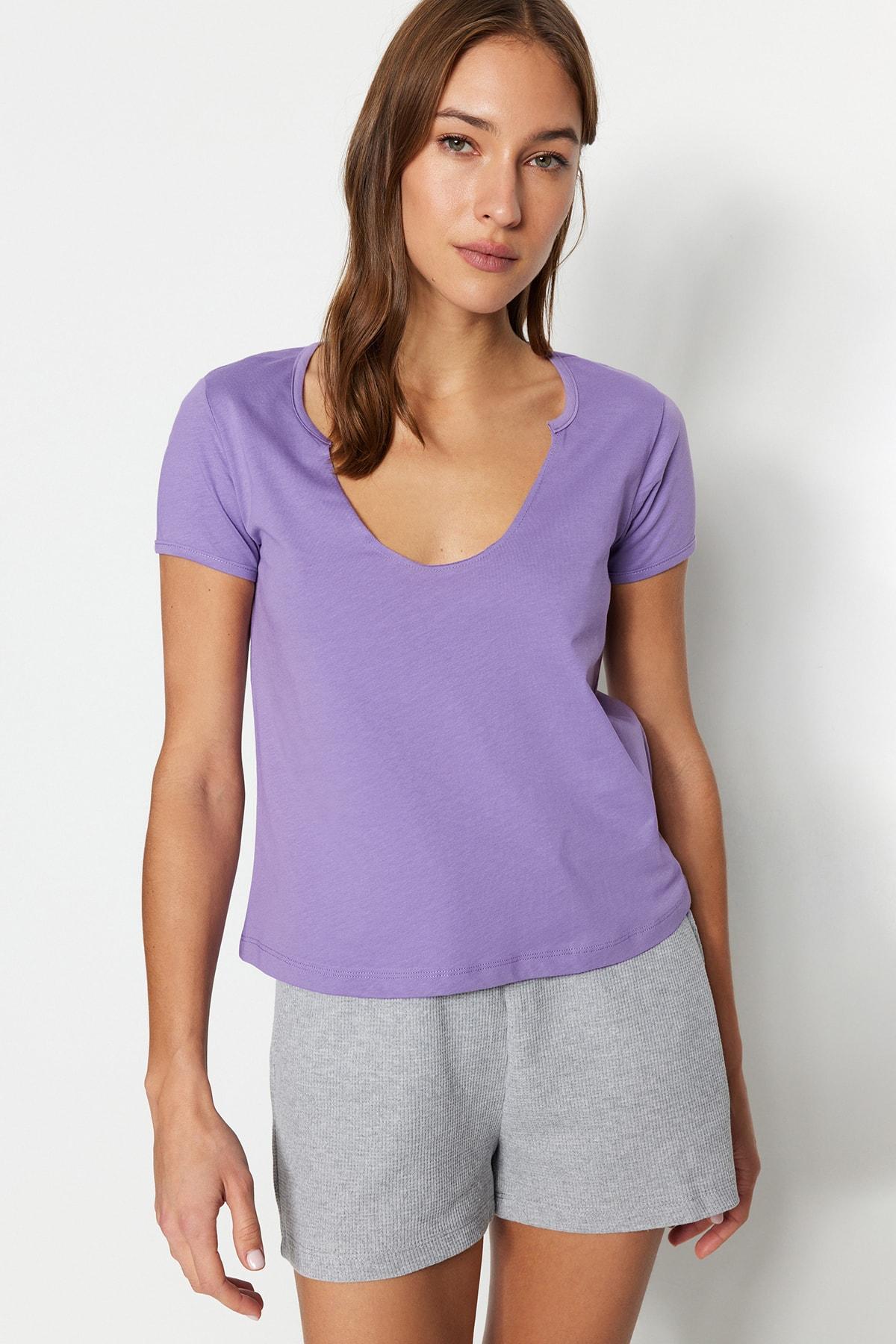 

Сиреневая укороченная трикотажная футболка с круглым вырезом THMSS22TS1028