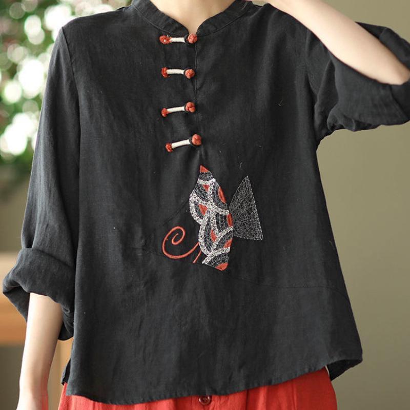 Ethnic Chinese Women Embroidery T-shirts Tops Blouse Retro Casual