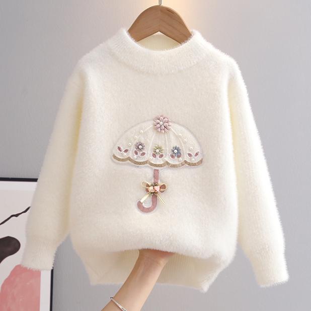 

Осень Зима Девочки Зонтик Вязаный Свитер Пуловер Круглый Вырез Трикотаж Детский Западный Мультяшный С Длинным Рукавом Свитера 110cm белый