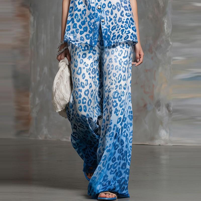 Stylish Two-piece TK Loose Leopard-print Sleeveless Shirt Trousers Set