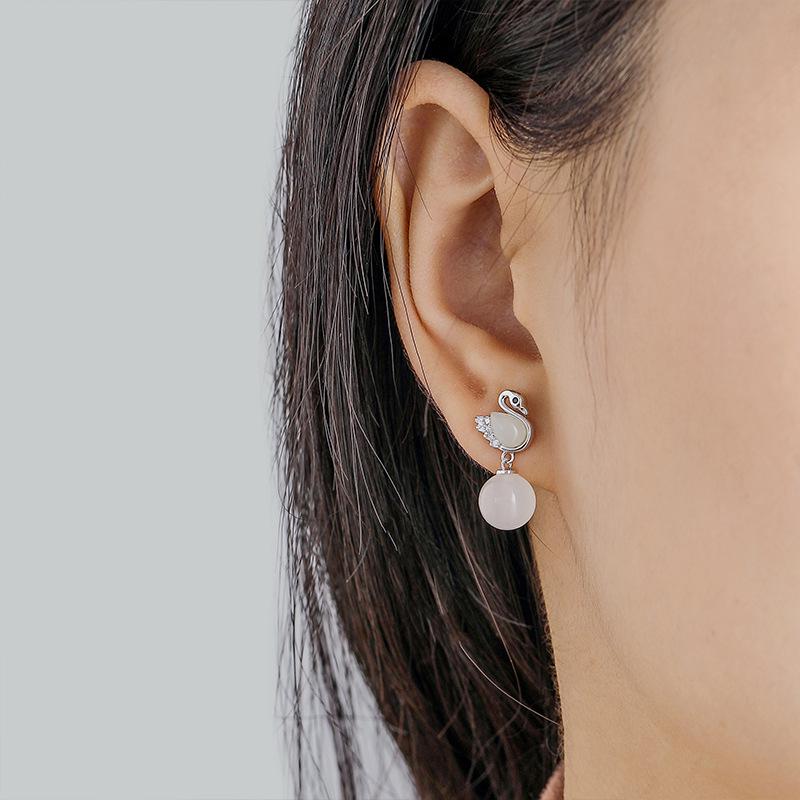 

Sterling Silver Swan Earrings with Inlaid Diamond and Hetian Jade 925 Silver золотой