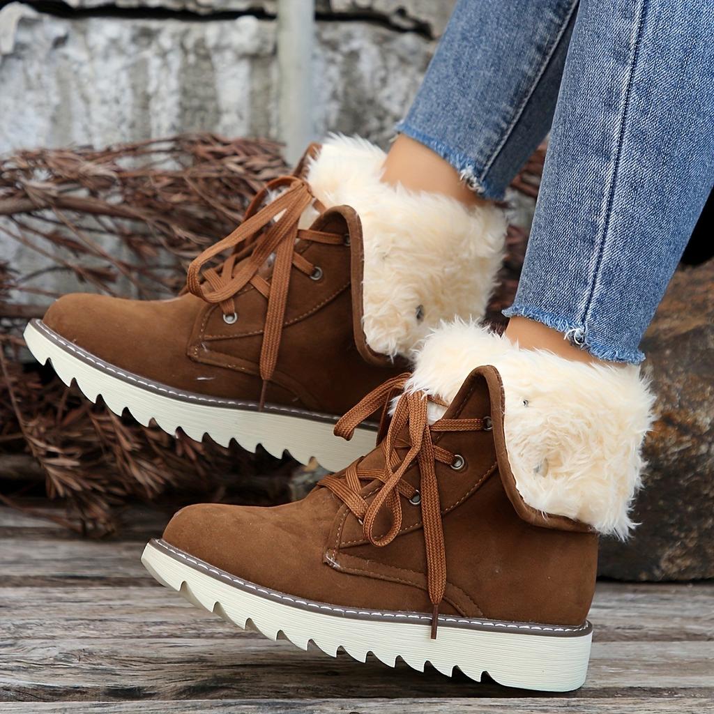 Women's Velvet Short Boots - Lace Up Round Head Flat Bottom Ankle Boots, Non Slip Outsole and Soft Inner Lining, Mid Barrel Style, Durable Grip Floor