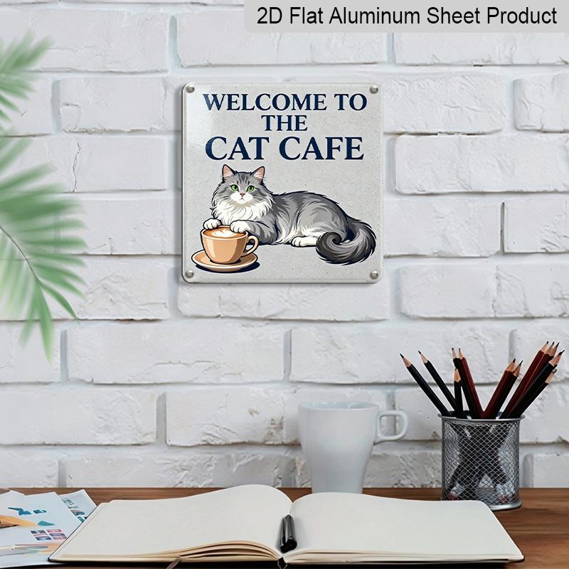 2D Flat, 1pc Vintage Cat Cafe Metal Sign - Welcome To Cat Cafe with Paw Print & Kitten Design - Rustic Wall Art for Outdoor, Pet-Friendly Decoration