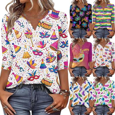 Damen T-Shirt mit Aufdruck, Knopfleiste, 3/4-Ärmel, für den Alltag, Wochenendmode, Basic, V-Ausschnitt, normales Oberteil